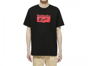 Men's Onitsuka Tiger Logo T Shirts Black | 8156-ZRJKX