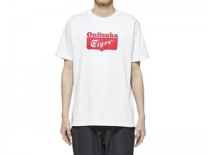 Men's Onitsuka Tiger Logo T Shirts White | 1596-YHUSA