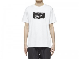 Men's Onitsuka Tiger Logo T Shirts White | 2863-GMBRV