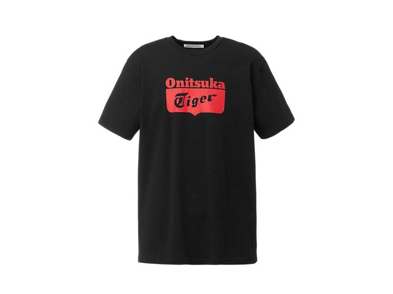 Men's Onitsuka Tiger Logo T Shirts Black | 8156-ZRJKX