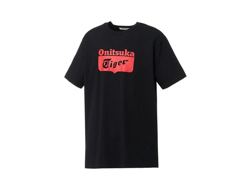 Men's Onitsuka Tiger Logo T Shirts Black | 8156-ZRJKX