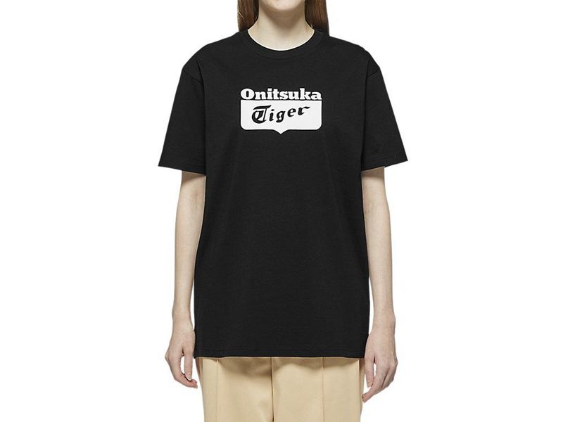 Men's Onitsuka Tiger Logo T Shirts Black | 2950-NJAHQ